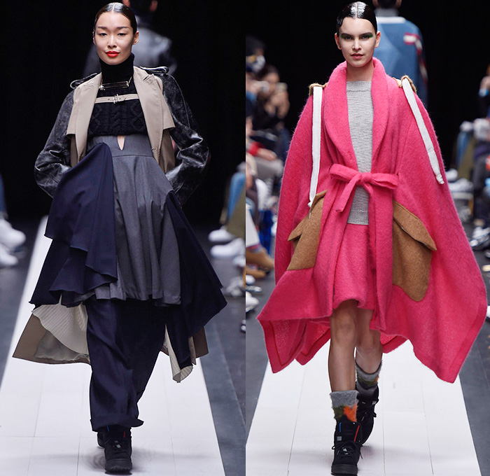 FACETASM by Hiromichi Ochiai 2015-2016 Fall Autumn Winter Womens Runway Catwalk Looks - Mercedes-Benz Fashion Week Tokyo Japan - Denim Jeans Honeycomb Ruffles Straps Robe Cloak Plaid Moto Motorcycle Biker Rider Multi-Panel Blouse Skirt Frock Outerwear Coat Oversized Cargo Pockets Layers Accordion Pleats Wide Leg Trousers Palazzo Pants Crop Top Midriff Turtleneck Chunky Knit Pinstripe Blazer Neon Green