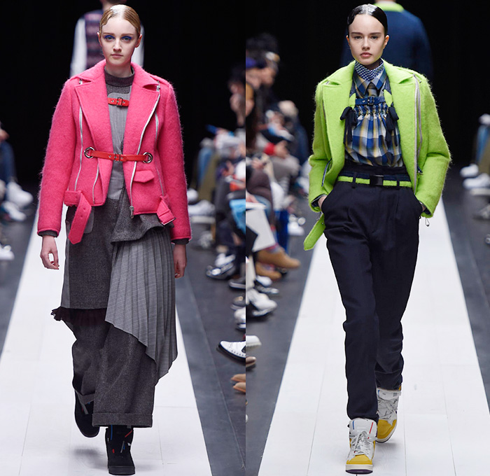 FACETASM by Hiromichi Ochiai 2015-2016 Fall Autumn Winter Womens Runway Catwalk Looks - Mercedes-Benz Fashion Week Tokyo Japan - Denim Jeans Honeycomb Ruffles Straps Robe Cloak Plaid Moto Motorcycle Biker Rider Multi-Panel Blouse Skirt Frock Outerwear Coat Oversized Cargo Pockets Layers Accordion Pleats Wide Leg Trousers Palazzo Pants Crop Top Midriff Turtleneck Chunky Knit Pinstripe Blazer Neon Green