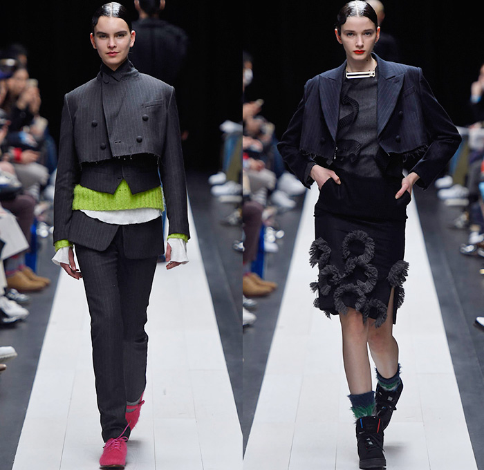 FACETASM by Hiromichi Ochiai 2015-2016 Fall Autumn Winter Womens Runway Catwalk Looks - Mercedes-Benz Fashion Week Tokyo Japan - Denim Jeans Honeycomb Ruffles Straps Robe Cloak Plaid Moto Motorcycle Biker Rider Multi-Panel Blouse Skirt Frock Outerwear Coat Oversized Cargo Pockets Layers Accordion Pleats Wide Leg Trousers Palazzo Pants Crop Top Midriff Turtleneck Chunky Knit Pinstripe Blazer Neon Green