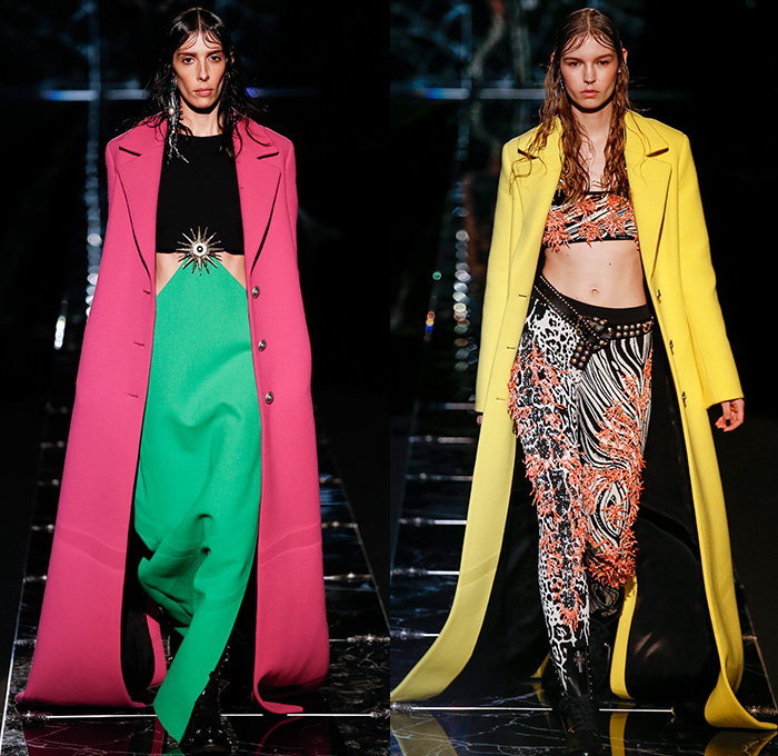 Fausto Puglisi 2015-2016 Fall Autumn Winter Womens Runway Catwalk Looks - Milano Moda Donna Collezione Milan Fashion Week Italy Camera Nazionale della Moda Italiana - Denim Jeans Embroidery Embellishments Adornments Sunburst Outerwear Oversized Coat Zebra Plaid Checks Stripes Rocker Studs Moto Biker Cutout Waist Handkerchief Hem Half Skirt Knit Sweater Pleats Chain Pendant Necklace Medallion Belt Halter