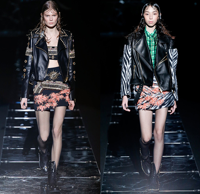 Fausto Puglisi 2015-2016 Fall Autumn Winter Womens Runway Catwalk Looks - Milano Moda Donna Collezione Milan Fashion Week Italy Camera Nazionale della Moda Italiana - Denim Jeans Embroidery Embellishments Adornments Sunburst Outerwear Oversized Coat Zebra Plaid Checks Stripes Rocker Studs Moto Biker Cutout Waist Handkerchief Hem Half Skirt Knit Sweater Pleats Chain Pendant Necklace Medallion Belt Halter