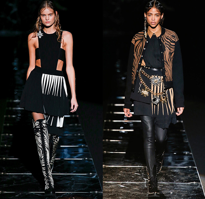 Fausto Puglisi 2015-2016 Fall Autumn Winter Womens Runway Catwalk Looks - Milano Moda Donna Collezione Milan Fashion Week Italy Camera Nazionale della Moda Italiana - Denim Jeans Embroidery Embellishments Adornments Sunburst Outerwear Oversized Coat Zebra Plaid Checks Stripes Rocker Studs Moto Biker Cutout Waist Handkerchief Hem Half Skirt Knit Sweater Pleats Chain Pendant Necklace Medallion Belt Halter