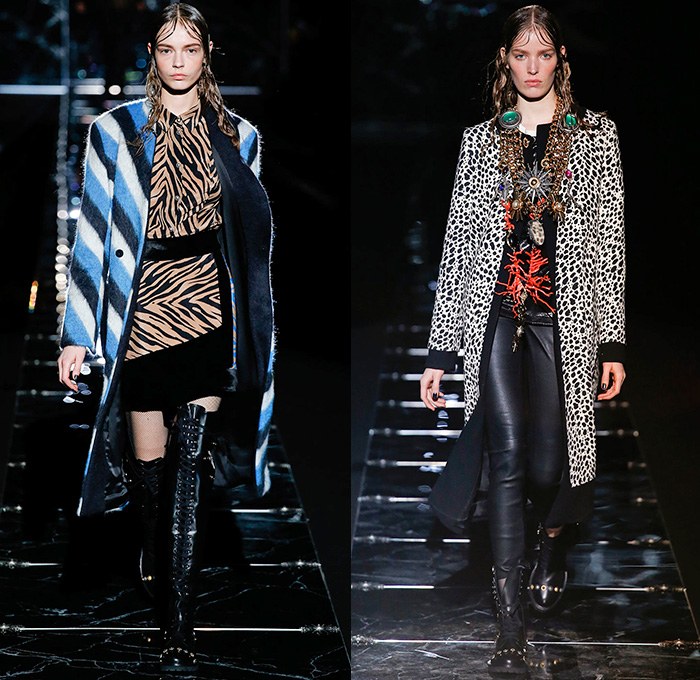 Fausto Puglisi 2015-2016 Fall Autumn Winter Womens Runway Catwalk Looks - Milano Moda Donna Collezione Milan Fashion Week Italy Camera Nazionale della Moda Italiana - Denim Jeans Embroidery Embellishments Adornments Sunburst Outerwear Oversized Coat Zebra Plaid Checks Stripes Rocker Studs Moto Biker Cutout Waist Handkerchief Hem Half Skirt Knit Sweater Pleats Chain Pendant Necklace Medallion Belt Halter