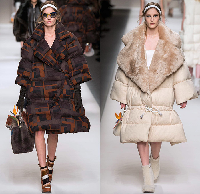 Fendi 2015-2016 Fall Autumn Winter Womens Runway Catwalk Looks - Milano Moda Donna Collezione Milan Fashion Week Italy Camera Nazionale della Moda Italiana - Oversized Outerwear Trench Coat Jacket Coatdress Puffer Furry Geometric Quilted Miniskirt Wide Lapel Hip Panels Mohair Knit Sweater Jumper Patchwork Waistcoat Pants Trousers Hoodie Dress Blouse Leather Turtleneck Bib Brace Cargo Pockets 