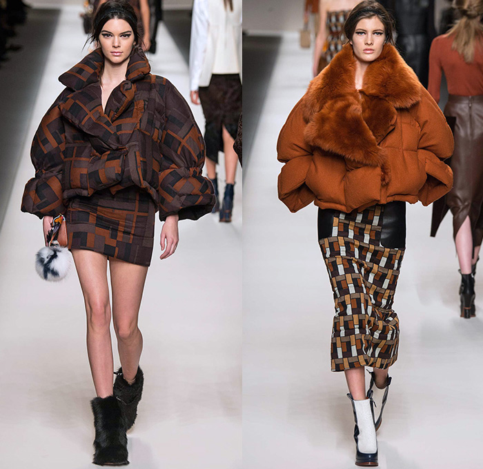 Fendi 2015-2016 Fall Autumn Winter Womens Runway Catwalk Looks - Milano Moda Donna Collezione Milan Fashion Week Italy Camera Nazionale della Moda Italiana - Oversized Outerwear Trench Coat Jacket Coatdress Puffer Furry Geometric Quilted Miniskirt Wide Lapel Hip Panels Mohair Knit Sweater Jumper Patchwork Waistcoat Pants Trousers Hoodie Dress Blouse Leather Turtleneck Bib Brace Cargo Pockets 