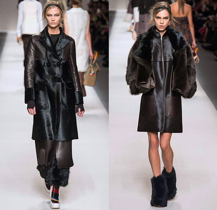 Fendi 2015-2016 Fall Autumn Winter Womens Runway Catwalk Looks - Milano Moda Donna Collezione Milan Fashion Week Italy Camera Nazionale della Moda Italiana - Oversized Outerwear Trench Coat Jacket Coatdress Puffer Furry Geometric Quilted Miniskirt Wide Lapel Hip Panels Mohair Knit Sweater Jumper Patchwork Waistcoat Pants Trousers Hoodie Dress Blouse Leather Turtleneck Bib Brace Cargo Pockets 