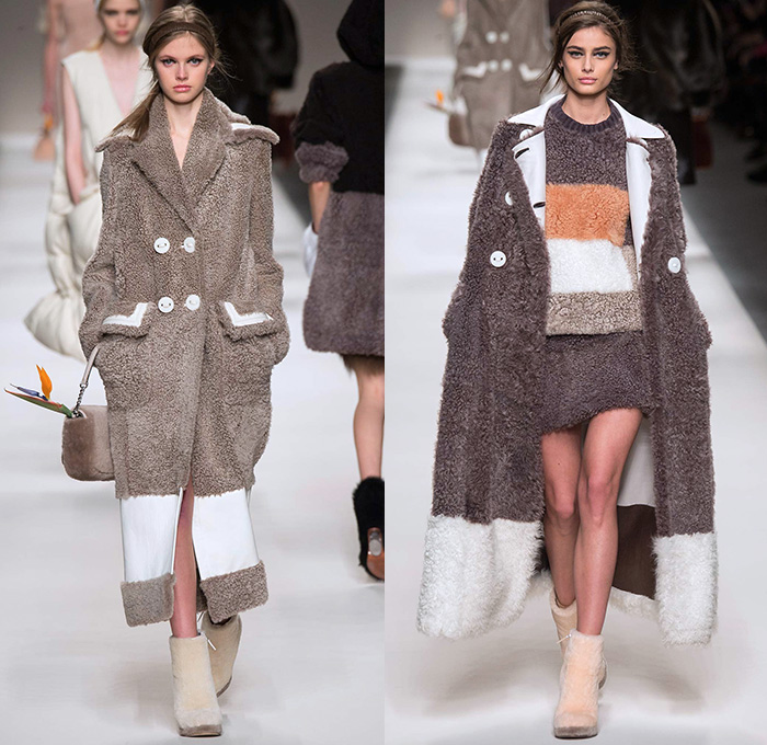 Fendi 2015-2016 Fall Autumn Winter Womens Runway Catwalk Looks - Milano Moda Donna Collezione Milan Fashion Week Italy Camera Nazionale della Moda Italiana - Oversized Outerwear Trench Coat Jacket Coatdress Puffer Furry Geometric Quilted Miniskirt Wide Lapel Hip Panels Mohair Knit Sweater Jumper Patchwork Waistcoat Pants Trousers Hoodie Dress Blouse Leather Turtleneck Bib Brace Cargo Pockets 