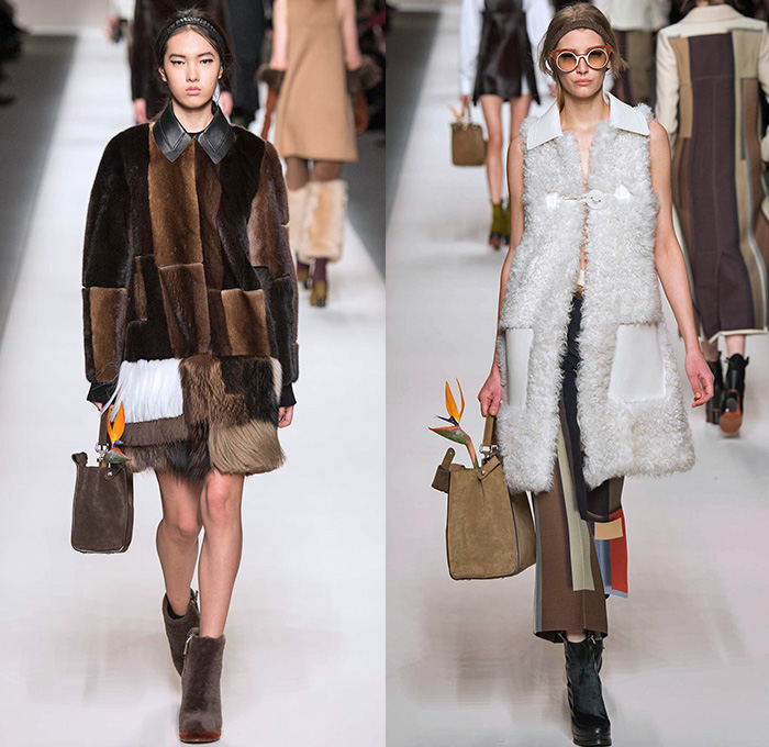 Fendi 2015-2016 Fall Autumn Winter Womens Runway Catwalk Looks - Milano Moda Donna Collezione Milan Fashion Week Italy Camera Nazionale della Moda Italiana - Oversized Outerwear Trench Coat Jacket Coatdress Puffer Furry Geometric Quilted Miniskirt Wide Lapel Hip Panels Mohair Knit Sweater Jumper Patchwork Waistcoat Pants Trousers Hoodie Dress Blouse Leather Turtleneck Bib Brace Cargo Pockets 