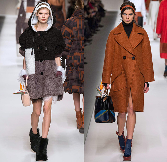 Fendi 2015-2016 Fall Autumn Winter Womens Runway Catwalk Looks - Milano Moda Donna Collezione Milan Fashion Week Italy Camera Nazionale della Moda Italiana - Oversized Outerwear Trench Coat Jacket Coatdress Puffer Furry Geometric Quilted Miniskirt Wide Lapel Hip Panels Mohair Knit Sweater Jumper Patchwork Waistcoat Pants Trousers Hoodie Dress Blouse Leather Turtleneck Bib Brace Cargo Pockets 