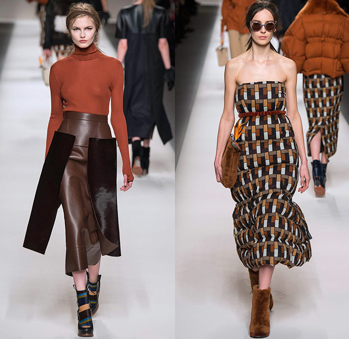 Fendi 2015-2016 Fall Autumn Winter Womens Runway Catwalk Looks - Milano Moda Donna Collezione Milan Fashion Week Italy Camera Nazionale della Moda Italiana - Oversized Outerwear Trench Coat Jacket Coatdress Puffer Furry Geometric Quilted Miniskirt Wide Lapel Hip Panels Mohair Knit Sweater Jumper Patchwork Waistcoat Pants Trousers Hoodie Dress Blouse Leather Turtleneck Bib Brace Cargo Pockets 