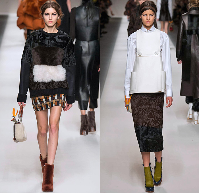 Fendi 2015-2016 Fall Autumn Winter Womens Runway Catwalk Looks - Milano Moda Donna Collezione Milan Fashion Week Italy Camera Nazionale della Moda Italiana - Oversized Outerwear Trench Coat Jacket Coatdress Puffer Furry Geometric Quilted Miniskirt Wide Lapel Hip Panels Mohair Knit Sweater Jumper Patchwork Waistcoat Pants Trousers Hoodie Dress Blouse Leather Turtleneck Bib Brace Cargo Pockets 