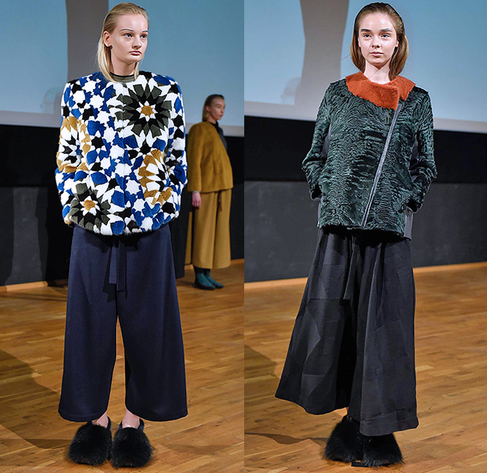 Freya Dalsjø 2015-2016 Fall Autumn Winter Womens Lookbook Presentation - Copenhagen Fashion Week Denmark - Furry Outerwear Coat Half Panels Wool Culottes Leather Accordion Pleats Fleece Wide Leg Palazzo Pants Paper Bag Waist Jacket Shearling Skirt Frock Turtleneck Boots Dress Asymmetrical Hem