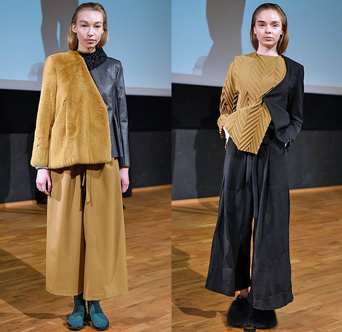 Freya Dalsjø 2015-2016 Fall Autumn Winter Womens Lookbook Presentation - Copenhagen Fashion Week Denmark - Furry Outerwear Coat Half Panels Wool Culottes Leather Accordion Pleats Fleece Wide Leg Palazzo Pants Paper Bag Waist Jacket Shearling Skirt Frock Turtleneck Boots Dress Asymmetrical Hem