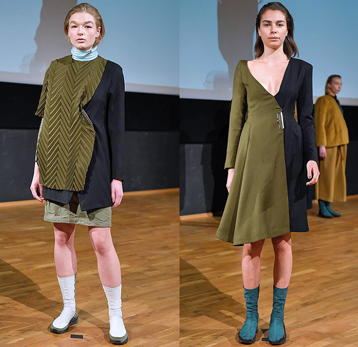 Freya Dalsjø 2015-2016 Fall Autumn Winter Womens Lookbook Presentation - Copenhagen Fashion Week Denmark - Furry Outerwear Coat Half Panels Wool Culottes Leather Accordion Pleats Fleece Wide Leg Palazzo Pants Paper Bag Waist Jacket Shearling Skirt Frock Turtleneck Boots Dress Asymmetrical Hem