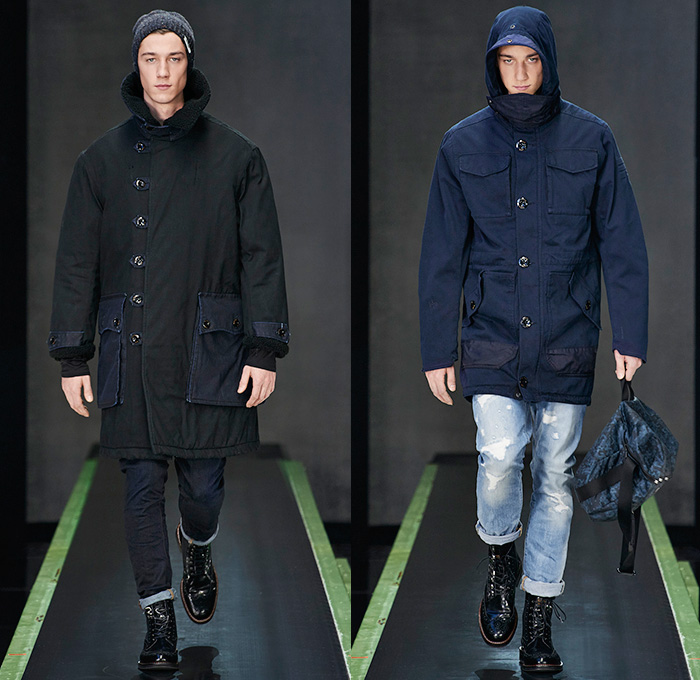 G-Star RAW Amsterdam 2015-2016 Fall Autumn Winter Mens Runway Catwalk Looks - Vintage Grunge Destroyed Denim Jeans Military Utility Cargo Pockets Outerwear Parka Coat Varsity Baseball Jacket Hoodie Boots Cargo Pockets Moto Motorcycle Biker Leather Emblems Patches Knee Panels Coated Suspenders Knit Scarf Plaid Blazer Vest Waistcoat Shirt Ribbed Sweater Jumper Beanie Knit Cap 