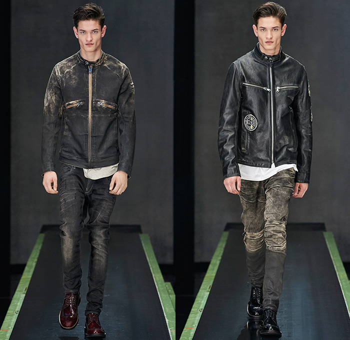 G-Star RAW Amsterdam 2015-2016 Fall Autumn Winter Mens Runway Catwalk Looks - Vintage Grunge Destroyed Denim Jeans Military Utility Cargo Pockets Outerwear Parka Coat Varsity Baseball Jacket Hoodie Boots Cargo Pockets Moto Motorcycle Biker Leather Emblems Patches Knee Panels Coated Suspenders Knit Scarf Plaid Blazer Vest Waistcoat Shirt Ribbed Sweater Jumper Beanie Knit Cap 