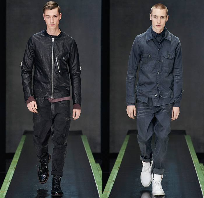 G-Star RAW Amsterdam 2015-2016 Fall Autumn Winter Mens Runway Catwalk Looks - Vintage Grunge Destroyed Denim Jeans Military Utility Cargo Pockets Outerwear Parka Coat Varsity Baseball Jacket Hoodie Boots Cargo Pockets Moto Motorcycle Biker Leather Emblems Patches Knee Panels Coated Suspenders Knit Scarf Plaid Blazer Vest Waistcoat Shirt Ribbed Sweater Jumper Beanie Knit Cap 