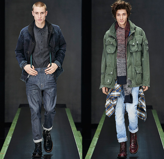 G-Star RAW Amsterdam 2015-2016 Fall Autumn Winter Mens Runway Catwalk Looks - Vintage Grunge Destroyed Denim Jeans Military Utility Cargo Pockets Outerwear Parka Coat Varsity Baseball Jacket Hoodie Boots Cargo Pockets Moto Motorcycle Biker Leather Emblems Patches Knee Panels Coated Suspenders Knit Scarf Plaid Blazer Vest Waistcoat Shirt Ribbed Sweater Jumper Beanie Knit Cap 