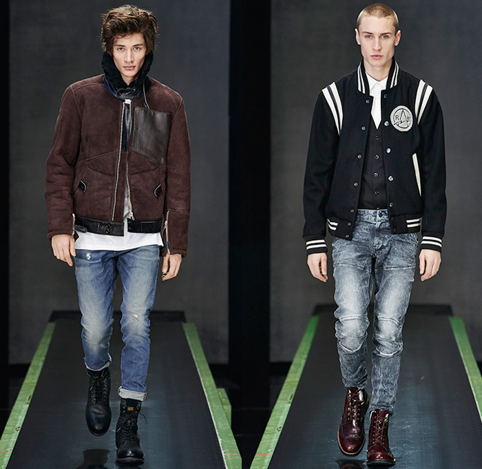 G-Star RAW Amsterdam 2015-2016 Fall Autumn Winter Mens Runway Catwalk Looks - Vintage Grunge Destroyed Denim Jeans Military Utility Cargo Pockets Outerwear Parka Coat Varsity Baseball Jacket Hoodie Boots Cargo Pockets Moto Motorcycle Biker Leather Emblems Patches Knee Panels Coated Suspenders Knit Scarf Plaid Blazer Vest Waistcoat Shirt Ribbed Sweater Jumper Beanie Knit Cap 