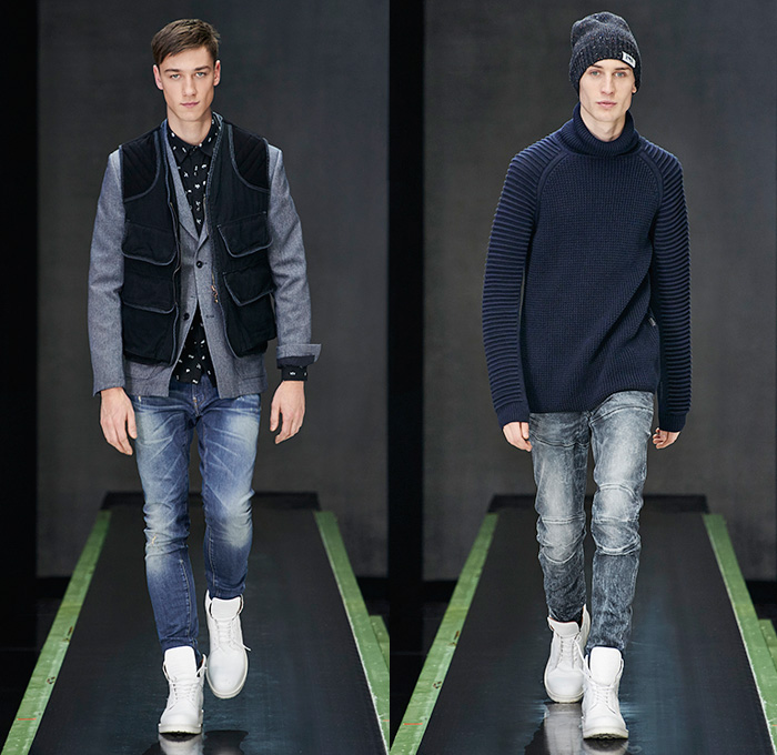 G-Star RAW Amsterdam 2015-2016 Fall Autumn Winter Mens Runway Catwalk Looks - Vintage Grunge Destroyed Denim Jeans Military Utility Cargo Pockets Outerwear Parka Coat Varsity Baseball Jacket Hoodie Boots Cargo Pockets Moto Motorcycle Biker Leather Emblems Patches Knee Panels Coated Suspenders Knit Scarf Plaid Blazer Vest Waistcoat Shirt Ribbed Sweater Jumper Beanie Knit Cap 