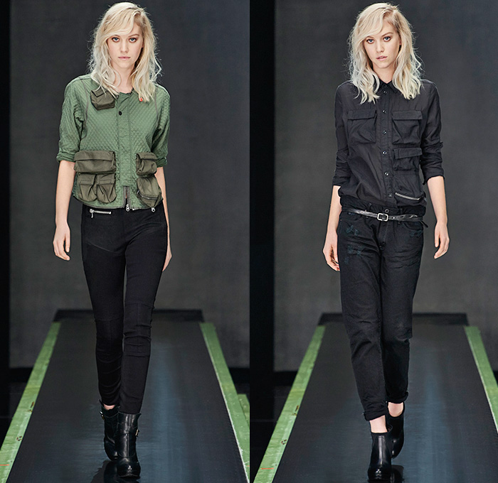 G-Star RAW Amsterdam 2015-2016 Fall Autumn Winter Womens Runway Catwalk Looks - Vintage Grunge Destroyed Patched Denim Jeans Military Utility Cargo Pockets Overshirt Super Skinny Boyfriend Boots Quilted Puffer Blouse Outerwear Coat Parka Baseball Varsity Jacket Onesie Jumpsuit Boiler Suit Salopette Coveralls Bib Brace Dungarees Moto Motorcycle Biker Leather Racer Knee Panels Grunge Asymmetrical Slouchy