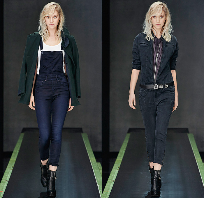 G-Star RAW Amsterdam 2015-2016 Fall Autumn Winter Womens Runway Catwalk Looks - Vintage Grunge Destroyed Patched Denim Jeans Military Utility Cargo Pockets Overshirt Super Skinny Boyfriend Boots Quilted Puffer Blouse Outerwear Coat Parka Baseball Varsity Jacket Onesie Jumpsuit Boiler Suit Salopette Coveralls Bib Brace Dungarees Moto Motorcycle Biker Leather Racer Knee Panels Grunge Asymmetrical Slouchy