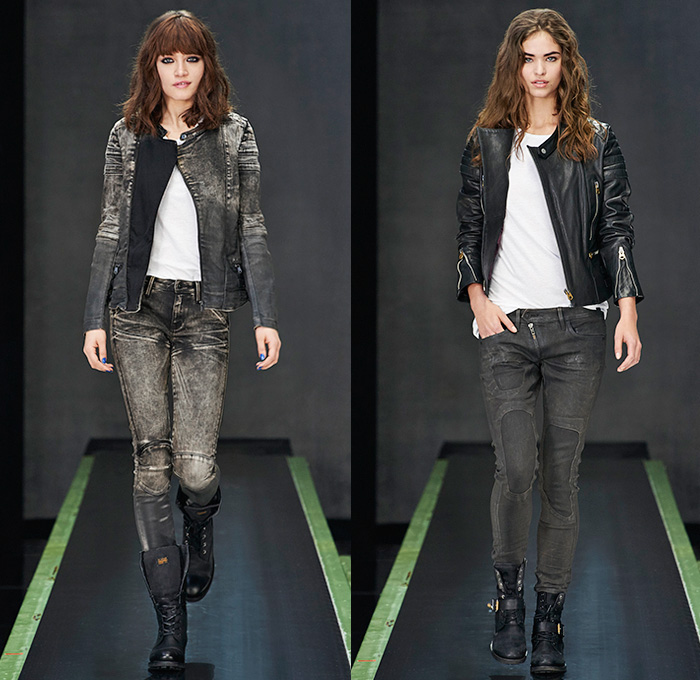 G-Star RAW Amsterdam 2015-2016 Fall Autumn Winter Womens Runway Catwalk Looks - Vintage Grunge Destroyed Patched Denim Jeans Military Utility Cargo Pockets Overshirt Super Skinny Boyfriend Boots Quilted Puffer Blouse Outerwear Coat Parka Baseball Varsity Jacket Onesie Jumpsuit Boiler Suit Salopette Coveralls Bib Brace Dungarees Moto Motorcycle Biker Leather Racer Knee Panels Grunge Asymmetrical Slouchy