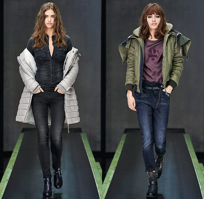 G-Star RAW Amsterdam 2015-2016 Fall Autumn Winter Womens Runway Catwalk Looks - Vintage Grunge Destroyed Patched Denim Jeans Military Utility Cargo Pockets Overshirt Super Skinny Boyfriend Boots Quilted Puffer Blouse Outerwear Coat Parka Baseball Varsity Jacket Onesie Jumpsuit Boiler Suit Salopette Coveralls Bib Brace Dungarees Moto Motorcycle Biker Leather Racer Knee Panels Grunge Asymmetrical Slouchy