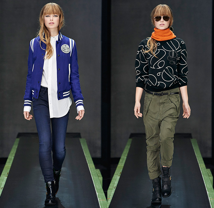 G-Star RAW Amsterdam 2015-2016 Fall Autumn Winter Womens Runway Catwalk Looks - Vintage Grunge Destroyed Patched Denim Jeans Military Utility Cargo Pockets Overshirt Super Skinny Boyfriend Boots Quilted Puffer Blouse Outerwear Coat Parka Baseball Varsity Jacket Onesie Jumpsuit Boiler Suit Salopette Coveralls Bib Brace Dungarees Moto Motorcycle Biker Leather Racer Knee Panels Grunge Asymmetrical Slouchy