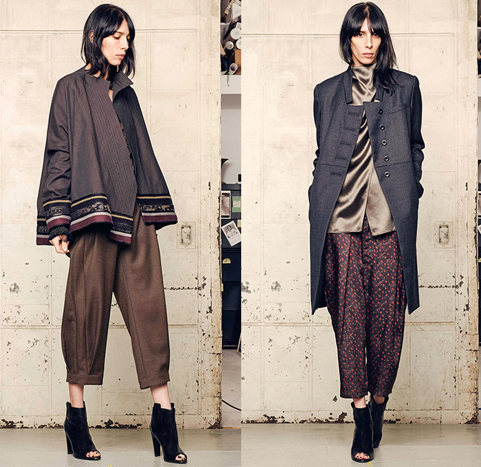 Gary Graham 2015-2016 Fall Autumn Winter Womens Lookbook Presentation - New York Fashion Week NYFW - Tapestry Silk Embroidery Cropped Pants Denim Jeans Skirt Frock Robe Knit Check Chenille Wool Jacquard Velvet Silk Outerwear Jacket Coat Turtleneck Sweater Jumper Ornamental Print Decorative Art Blouse Blazer Leather Stripes Slim Furry Sheer Chiffon Mesh Drapery Embellishments Gown Train Patchwork