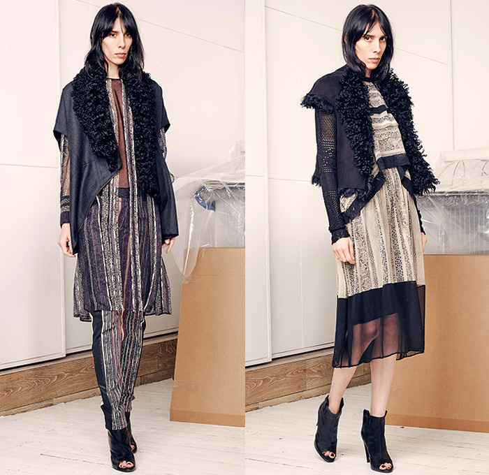 Gary Graham 2015-2016 Fall Autumn Winter Womens Lookbook Presentation - New York Fashion Week NYFW - Tapestry Silk Embroidery Cropped Pants Denim Jeans Skirt Frock Robe Knit Check Chenille Wool Jacquard Velvet Silk Outerwear Jacket Coat Turtleneck Sweater Jumper Ornamental Print Decorative Art Blouse Blazer Leather Stripes Slim Furry Sheer Chiffon Mesh Drapery Embellishments Gown Train Patchwork