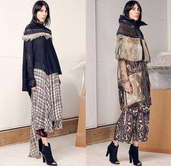 Gary Graham 2015-2016 Fall Autumn Winter Womens Lookbook Presentation - New York Fashion Week NYFW - Tapestry Silk Embroidery Cropped Pants Denim Jeans Skirt Frock Robe Knit Check Chenille Wool Jacquard Velvet Silk Outerwear Jacket Coat Turtleneck Sweater Jumper Ornamental Print Decorative Art Blouse Blazer Leather Stripes Slim Furry Sheer Chiffon Mesh Drapery Embellishments Gown Train Patchwork