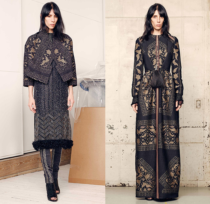 Gary Graham 2015-2016 Fall Autumn Winter Womens Lookbook Presentation - New York Fashion Week NYFW - Tapestry Silk Embroidery Cropped Pants Denim Jeans Skirt Frock Robe Knit Check Chenille Wool Jacquard Velvet Silk Outerwear Jacket Coat Turtleneck Sweater Jumper Ornamental Print Decorative Art Blouse Blazer Leather Stripes Slim Furry Sheer Chiffon Mesh Drapery Embellishments Gown Train Patchwork