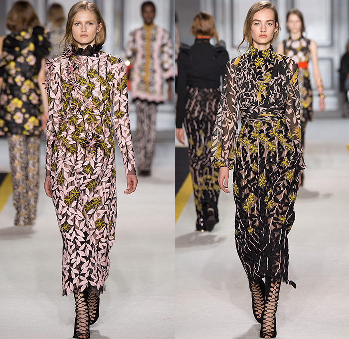 Giambattista Valli 2015-2016 Fall Autumn Winter Womens Runway Catwalk Looks - Mode à Paris Fashion Week Mode Féminin France - Lace Embroidery Flowers Florals Fauna Leaves Foliage Botanical Print Pattern Ruffles Wide Leg Palazzo Pants Butterfly Sleeves Plaid Checks Dress Sheer Chiffon Blouse Sequins Outerwear Coat Peplum Silk Chevron Jacket Knit Sweater Jumper Gladiator Waistcoat Tweed