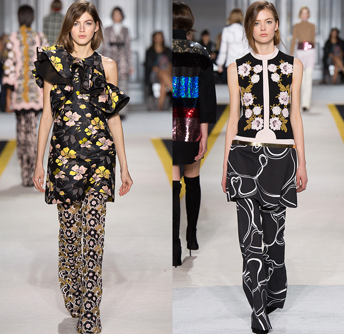 Giambattista Valli 2015-2016 Fall Autumn Winter Womens Runway Catwalk Looks - Mode à Paris Fashion Week Mode Féminin France - Lace Embroidery Flowers Florals Fauna Leaves Foliage Botanical Print Pattern Ruffles Wide Leg Palazzo Pants Butterfly Sleeves Plaid Checks Dress Sheer Chiffon Blouse Sequins Outerwear Coat Peplum Silk Chevron Jacket Knit Sweater Jumper Gladiator Waistcoat Tweed