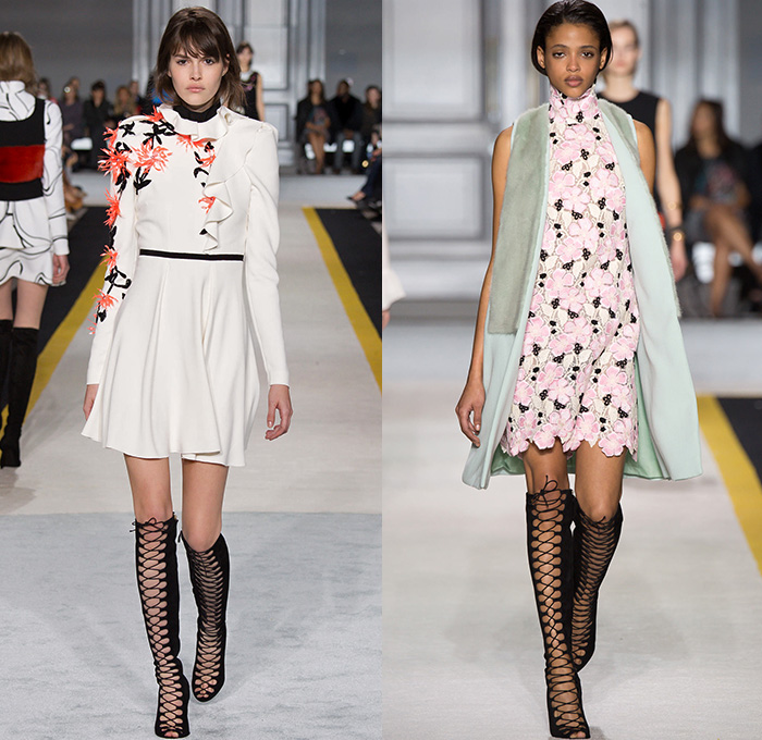 Giambattista Valli 2015-2016 Fall Autumn Winter Womens Runway Catwalk Looks - Mode à Paris Fashion Week Mode Féminin France - Lace Embroidery Flowers Florals Fauna Leaves Foliage Botanical Print Pattern Ruffles Wide Leg Palazzo Pants Butterfly Sleeves Plaid Checks Dress Sheer Chiffon Blouse Sequins Outerwear Coat Peplum Silk Chevron Jacket Knit Sweater Jumper Gladiator Waistcoat Tweed