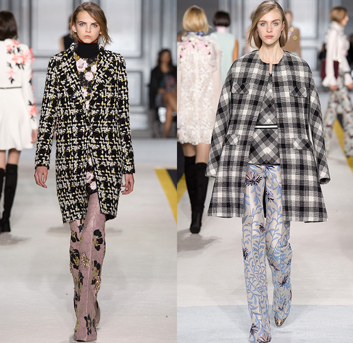 Giambattista Valli 2015-2016 Fall Autumn Winter Womens Runway Catwalk Looks - Mode à Paris Fashion Week Mode Féminin France - Lace Embroidery Flowers Florals Fauna Leaves Foliage Botanical Print Pattern Ruffles Wide Leg Palazzo Pants Butterfly Sleeves Plaid Checks Dress Sheer Chiffon Blouse Sequins Outerwear Coat Peplum Silk Chevron Jacket Knit Sweater Jumper Gladiator Waistcoat Tweed