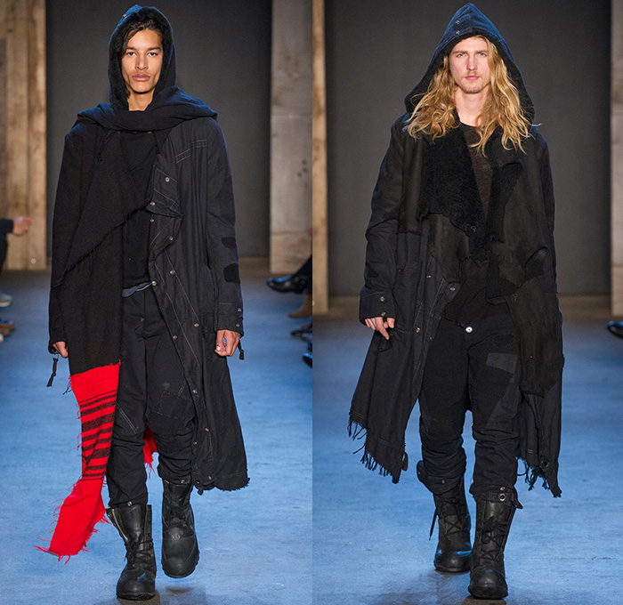 Greg Lauren 2015-2016 Fall Autumn Winter Mens Runway Catwalk Looks - New York Fashion Week NYFW - Denim Jeans Post-Apocalyptic Military Urban Nomad Soldier Patchwork Scraps Cargo Pants Blanket Scarf Wrap Rags Shearling Raw Hem Frayed Pinstripe Canvas Outerwear Coat Cloak Poncho Robe Boots Furry Suit Blazer