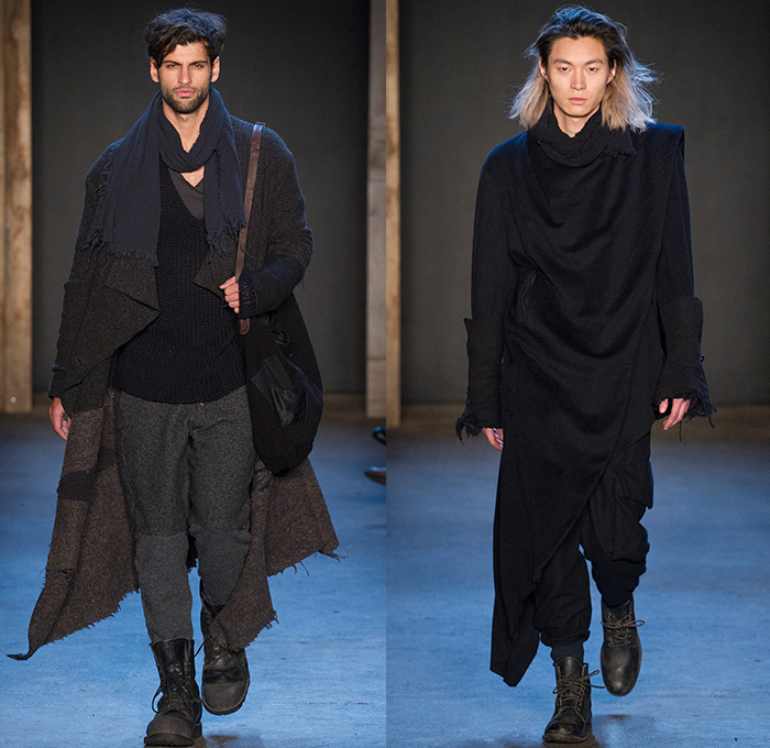 Greg Lauren 2015-2016 Fall Autumn Winter Mens Runway Catwalk Looks - New York Fashion Week NYFW - Denim Jeans Post-Apocalyptic Military Urban Nomad Soldier Patchwork Scraps Cargo Pants Blanket Scarf Wrap Rags Shearling Raw Hem Frayed Pinstripe Canvas Outerwear Coat Cloak Poncho Robe Boots Furry Suit Blazer