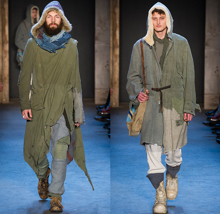 Greg Lauren 2015-2016 Fall Autumn Winter Mens Runway Catwalk Looks - New York Fashion Week NYFW - Denim Jeans Post-Apocalyptic Military Urban Nomad Soldier Patchwork Scraps Cargo Pants Blanket Scarf Wrap Rags Shearling Raw Hem Frayed Pinstripe Canvas Outerwear Coat Cloak Poncho Robe Boots Furry Suit Blazer