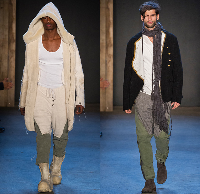 Greg Lauren 2015-2016 Fall Autumn Winter Mens Runway Catwalk Looks - New York Fashion Week NYFW - Denim Jeans Post-Apocalyptic Military Urban Nomad Soldier Patchwork Scraps Cargo Pants Blanket Scarf Wrap Rags Shearling Raw Hem Frayed Pinstripe Canvas Outerwear Coat Cloak Poncho Robe Boots Furry Suit Blazer