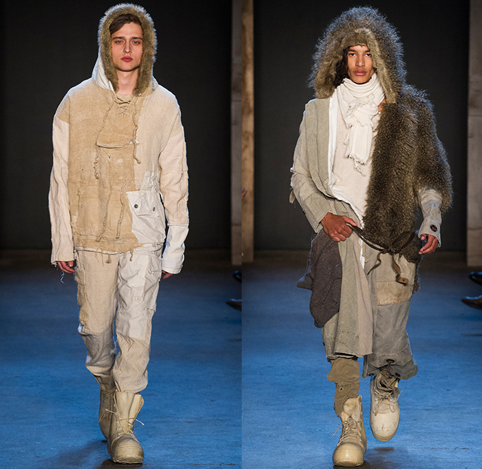 Greg Lauren 2015-2016 Fall Autumn Winter Mens Runway Catwalk Looks - New York Fashion Week NYFW - Denim Jeans Post-Apocalyptic Military Urban Nomad Soldier Patchwork Scraps Cargo Pants Blanket Scarf Wrap Rags Shearling Raw Hem Frayed Pinstripe Canvas Outerwear Coat Cloak Poncho Robe Boots Furry Suit Blazer