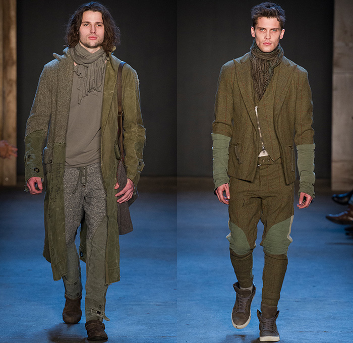 Greg Lauren 2015-2016 Fall Autumn Winter Mens Runway Catwalk Looks - New York Fashion Week NYFW - Denim Jeans Post-Apocalyptic Military Urban Nomad Soldier Patchwork Scraps Cargo Pants Blanket Scarf Wrap Rags Shearling Raw Hem Frayed Pinstripe Canvas Outerwear Coat Cloak Poncho Robe Boots Furry Suit Blazer