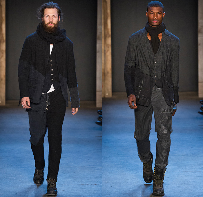 Greg Lauren 2015-2016 Fall Autumn Winter Mens Runway Catwalk Looks - New York Fashion Week NYFW - Denim Jeans Post-Apocalyptic Military Urban Nomad Soldier Patchwork Scraps Cargo Pants Blanket Scarf Wrap Rags Shearling Raw Hem Frayed Pinstripe Canvas Outerwear Coat Cloak Poncho Robe Boots Furry Suit Blazer