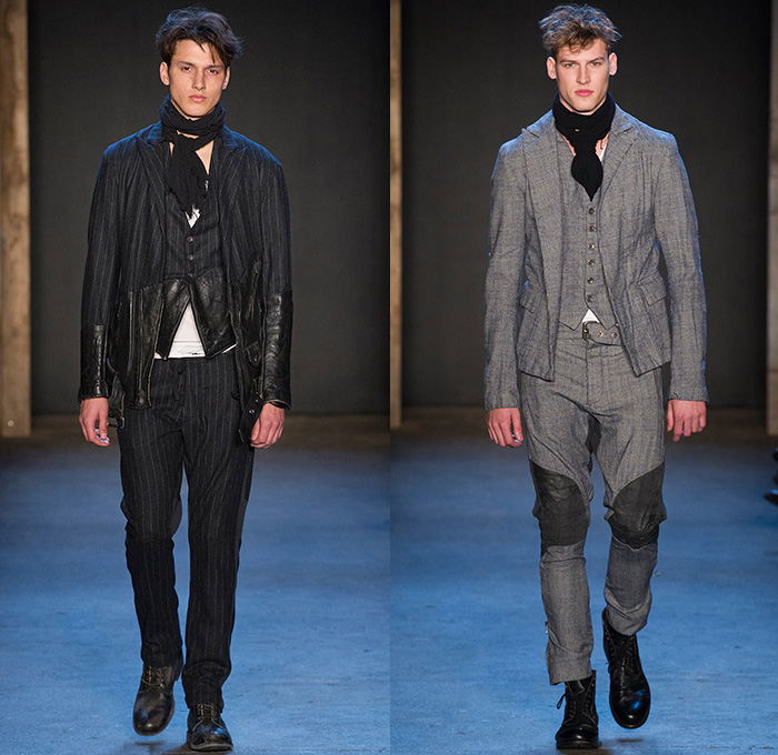 Greg Lauren 2015-2016 Fall Autumn Winter Mens Runway Catwalk Looks - New York Fashion Week NYFW - Denim Jeans Post-Apocalyptic Military Urban Nomad Soldier Patchwork Scraps Cargo Pants Blanket Scarf Wrap Rags Shearling Raw Hem Frayed Pinstripe Canvas Outerwear Coat Cloak Poncho Robe Boots Furry Suit Blazer