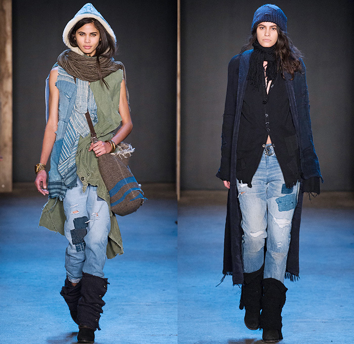 Greg Lauren 2015-2016 Fall Autumn Winter Womens Runway Catwalk Looks - New York Fashion Week NYFW - Denim Jeans Post-Apocalyptic Military Urban Nomad Soldier Patchwork Scraps Cargo Pants Blanket Scarf Wrap Rags Shearling Raw Hem Frayed Pinstripe Canvas Outerwear Coat Cloak Poncho Robe Boots Furry Blouse Henley Vest Waistcoat Moto Motorcycle Biker Rider Leather Hat Silk Sheer Chiffon Dress Gown