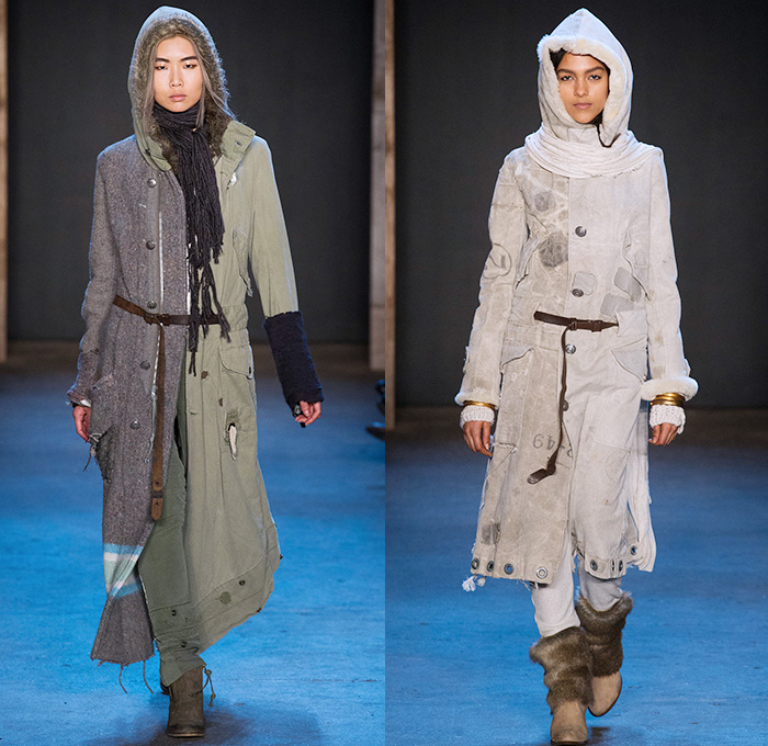 Greg Lauren 2015-2016 Fall Autumn Winter Womens Runway Catwalk Looks - New York Fashion Week NYFW - Denim Jeans Post-Apocalyptic Military Urban Nomad Soldier Patchwork Scraps Cargo Pants Blanket Scarf Wrap Rags Shearling Raw Hem Frayed Pinstripe Canvas Outerwear Coat Cloak Poncho Robe Boots Furry Blouse Henley Vest Waistcoat Moto Motorcycle Biker Rider Leather Hat Silk Sheer Chiffon Dress Gown