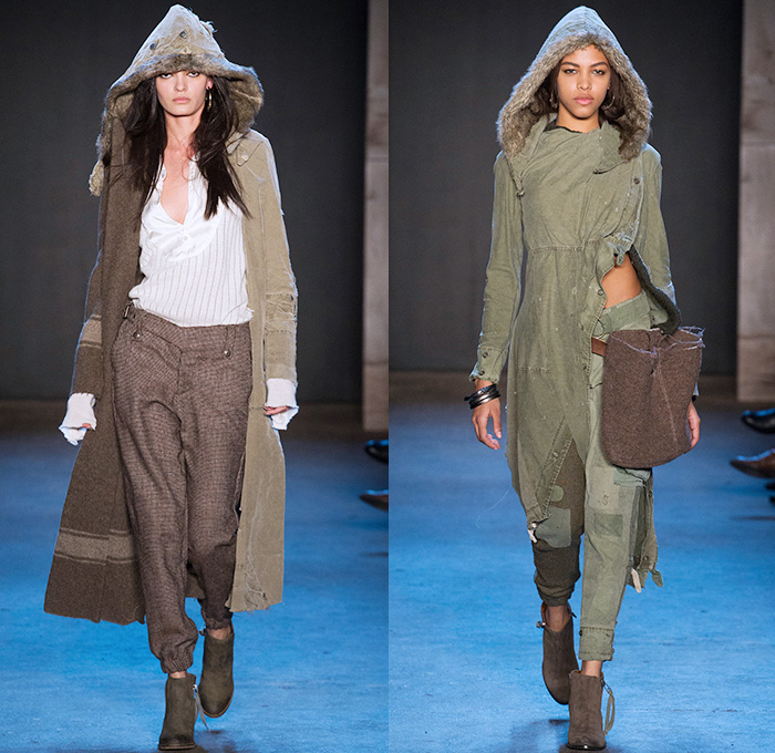 Greg Lauren 2015-2016 Fall Autumn Winter Womens Runway Catwalk Looks - New York Fashion Week NYFW - Denim Jeans Post-Apocalyptic Military Urban Nomad Soldier Patchwork Scraps Cargo Pants Blanket Scarf Wrap Rags Shearling Raw Hem Frayed Pinstripe Canvas Outerwear Coat Cloak Poncho Robe Boots Furry Blouse Henley Vest Waistcoat Moto Motorcycle Biker Rider Leather Hat Silk Sheer Chiffon Dress Gown