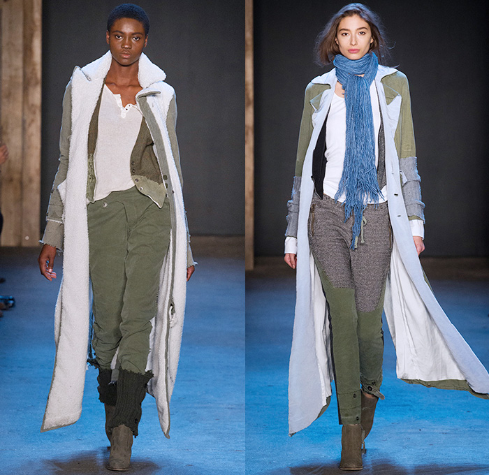 Greg Lauren 2015-2016 Fall Autumn Winter Womens Runway Catwalk Looks - New York Fashion Week NYFW - Denim Jeans Post-Apocalyptic Military Urban Nomad Soldier Patchwork Scraps Cargo Pants Blanket Scarf Wrap Rags Shearling Raw Hem Frayed Pinstripe Canvas Outerwear Coat Cloak Poncho Robe Boots Furry Blouse Henley Vest Waistcoat Moto Motorcycle Biker Rider Leather Hat Silk Sheer Chiffon Dress Gown