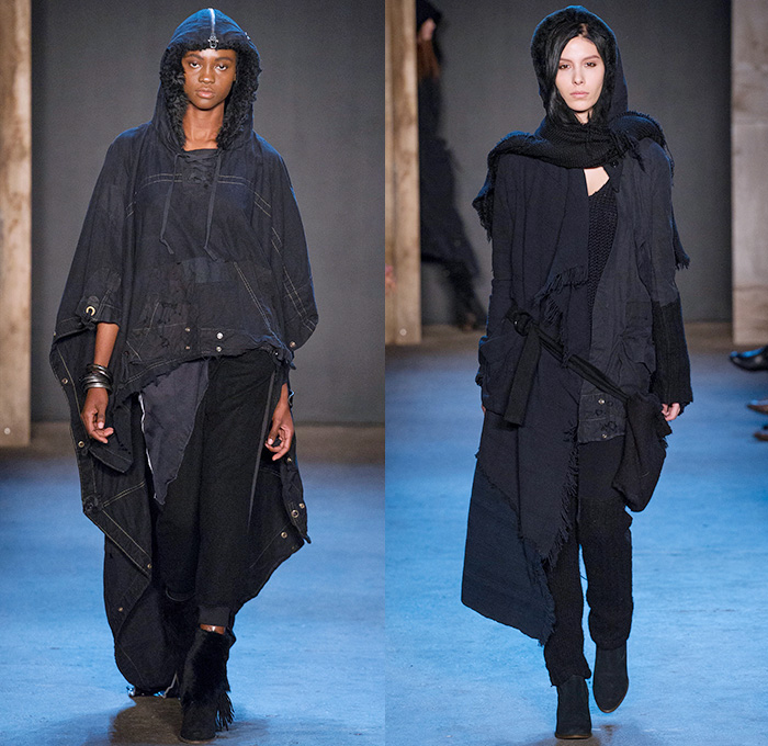 Greg Lauren 2015-2016 Fall Autumn Winter Womens Runway Catwalk Looks - New York Fashion Week NYFW - Denim Jeans Post-Apocalyptic Military Urban Nomad Soldier Patchwork Scraps Cargo Pants Blanket Scarf Wrap Rags Shearling Raw Hem Frayed Pinstripe Canvas Outerwear Coat Cloak Poncho Robe Boots Furry Blouse Henley Vest Waistcoat Moto Motorcycle Biker Rider Leather Hat Silk Sheer Chiffon Dress Gown